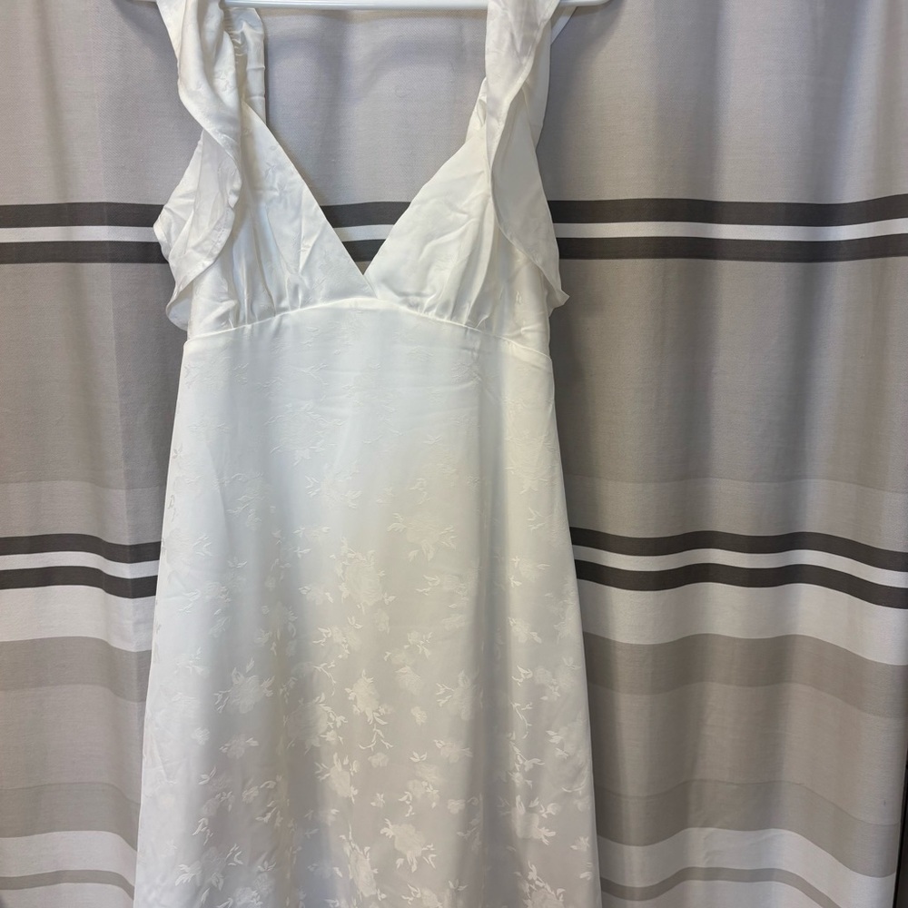 White Floral Satin Dress with Ruffle Straps